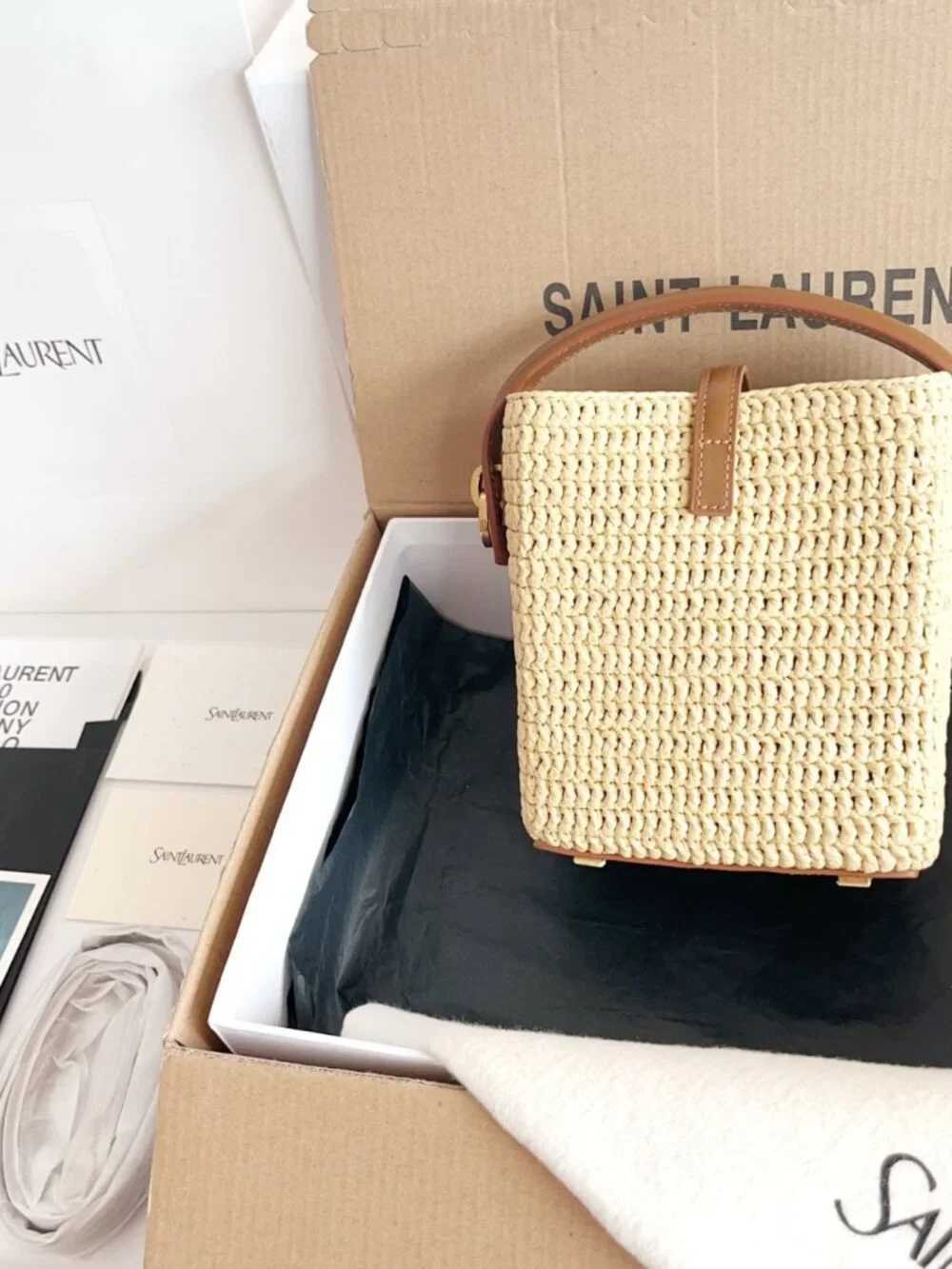 Saint Laurent LE 37 Mini Bucket Bag in Raffia and Leather